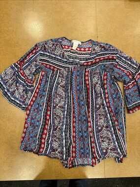 Paisley Vine Boho Stripe & Paisley Peasant Flowy Blouse - Red/Blue Size S